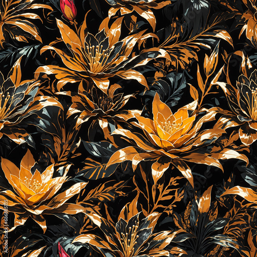 Blooming Bromelia Flower Seamless Pattern Colorful Floral Digital Art Background Design