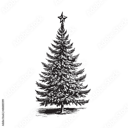 christmas tree isolated on white. vintage look. vector.