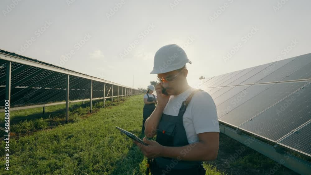An electrical engineer discusses the operation of solar powerplants on the phone An electrical engineer discusses the operation of solar powerplants on the phone