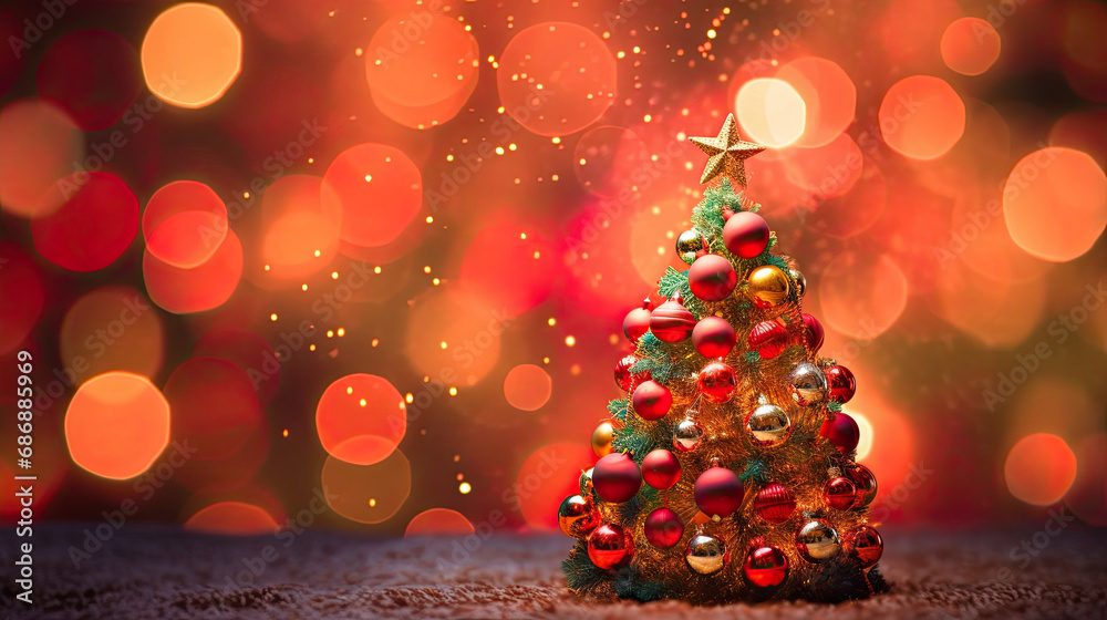 Capture the festive spirit with a photograph of a Christmas tree, its ornaments, and a vibrant red bokeh light backdrop. light backgroud