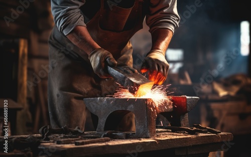Blacksmith forge an iron product in a blacksmith photo