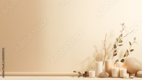 Candles, beige colors, dry plants, ambiance light, serene atmosphere, calendar background, wallpaper, screensaver
