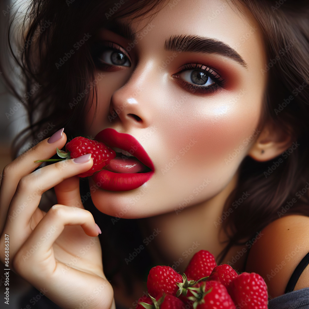 Seductive woman with red lipstick and raspberries on her lips. Seductive woman with red lipstick and raspberries on her lips.