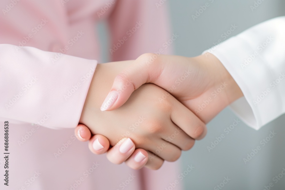 Empathetic partnership: an evocative shot of two businesswomen's hands clasped in a handshake, symbolizing mutual understanding and teamwork Empathetic partnership: an evocative shot of two businesswomen's hands clasped in a handshake, symbolizing mutual understanding and teamwork