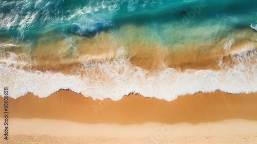 Waves mixing with sand, top view of ocean flowing into beaches, tropical vacation wallpaper