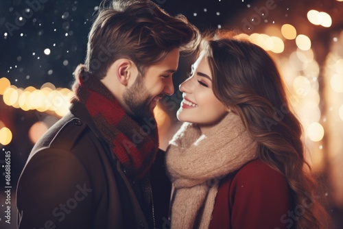 Frosty delight: A smiling couple embraces the winter chill, creating a picturesque scene on a snowy street