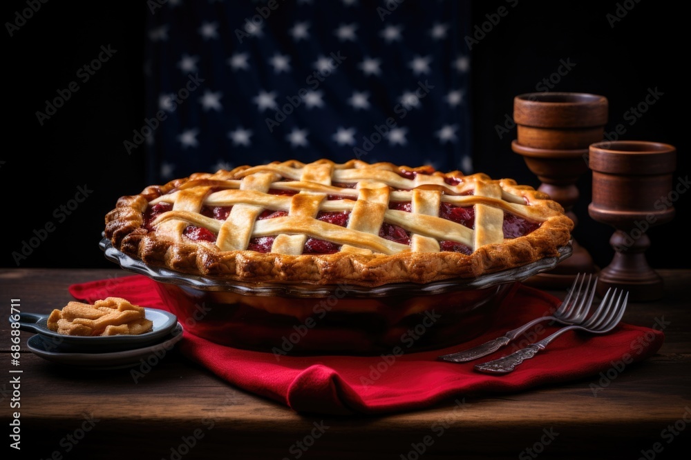 Culinary stars celebration: National Pie Day commemorated with a delightful pie placed against the star-studded American flag, blending taste and tradition Culinary stars celebration: National Pie Day commemorated with a delightful pie placed against the star-studded American flag, blending taste and tradition