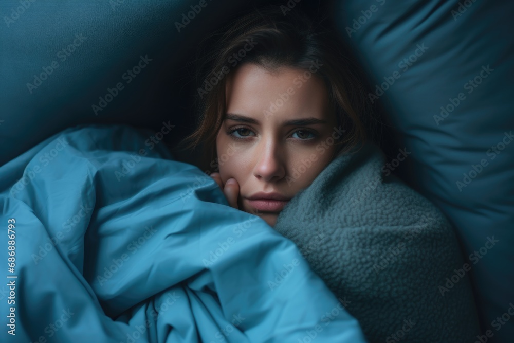 Monday blues portrait: An image depicting the sadness of Blue Monday, as a woman clings to a pillow, drowned in the blue hues of the most disheartening day of the year Monday blues portrait: An image depicting the sadness of Blue Monday, as a woman clings to a pillow, drowned in the blue hues of the most disheartening day of the year