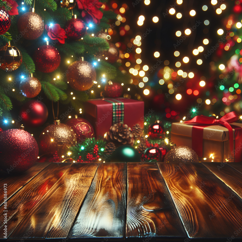 christmas background with christmas tree wooden table mockup