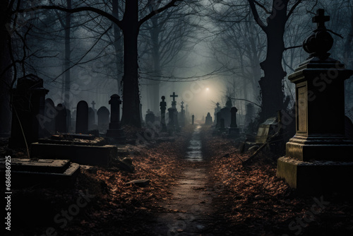 Eerie graveyard atmosphere: A photo capturing the ominous and terrifying mood of a cemetery shrouded in darkness, where tombstones loom in the shadows, creating an unsettling and spooky scene