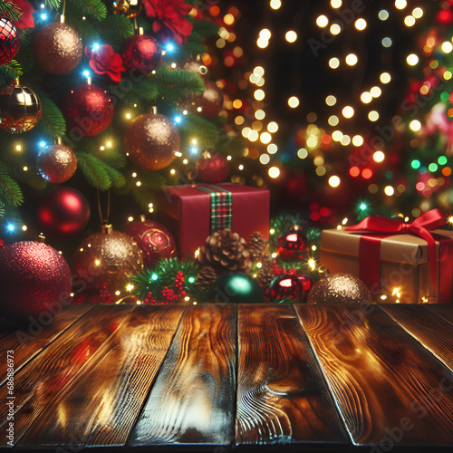 christmas background with christmas tree wooden table mockup