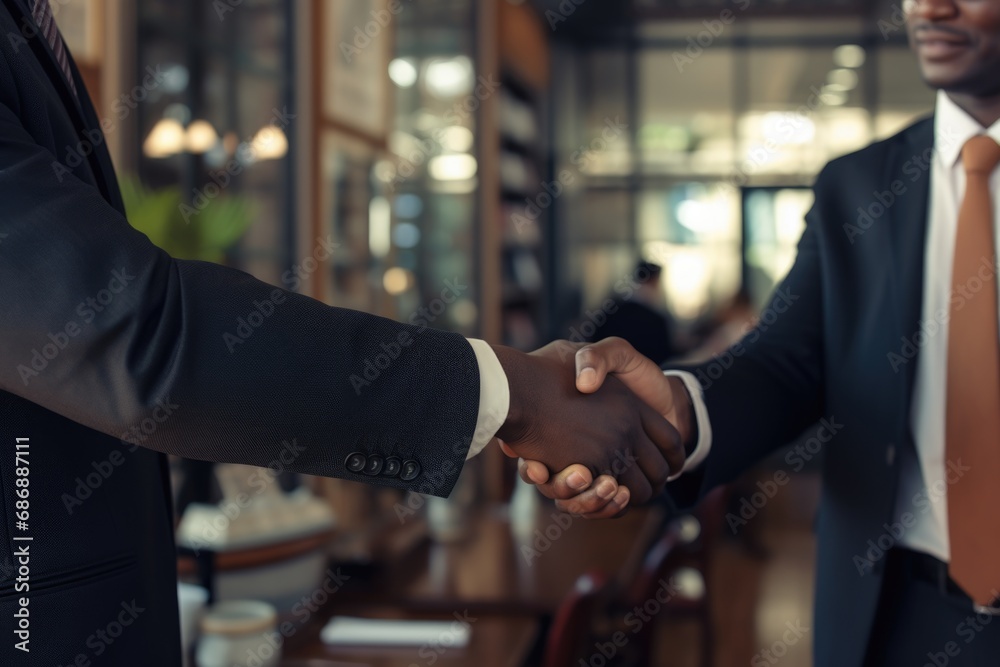 Business deal between African Americans: A significant image portraying two hands of African American business professionals engaged in a firm handshake