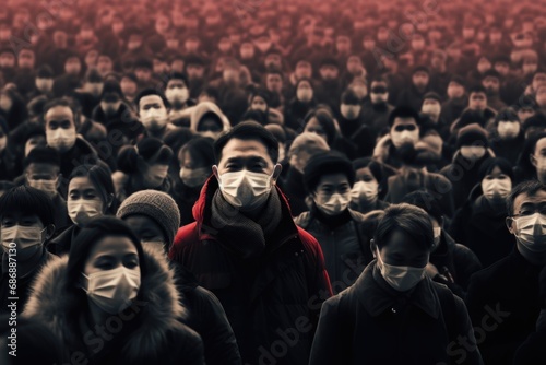 Unity Against Infection: A striking depiction of unity as many individuals wear medical masks, symbolizing a collective front against infection photo