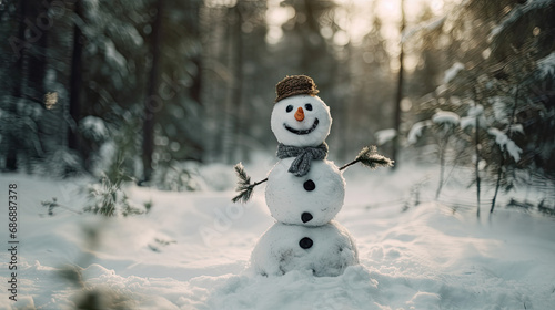 Panoramic shot of a snowman with a big grin. © thuong