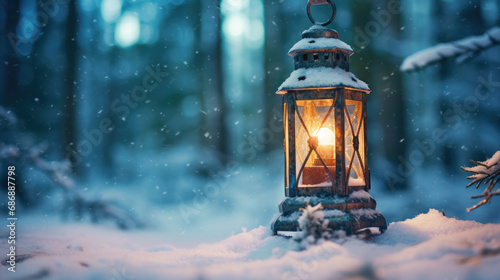 A tranquil scene of a lantern amidst snow and fir branches. light backgroud