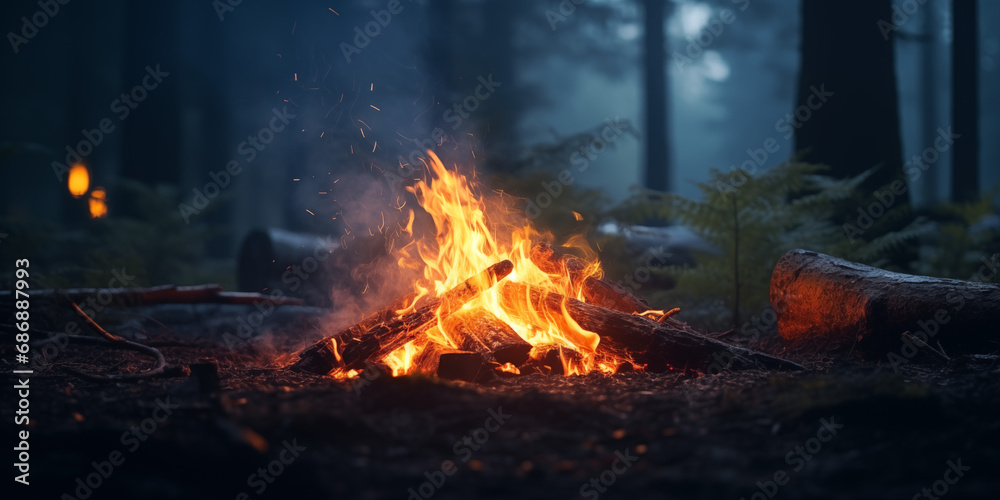 Small campfire in forest during night Blurry background. Camp, travel, firefighting concept. Forest fire protection. Small campfire in forest during night Blurry background. Camp, travel, firefighting concept. Forest fire protection.