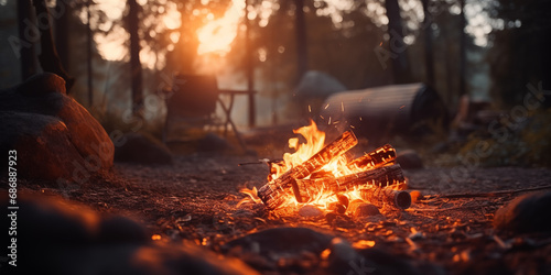 Small campfire in forest during sunset. Blurry background. Camp, travel, firefighting concept. Forest fire protection. 