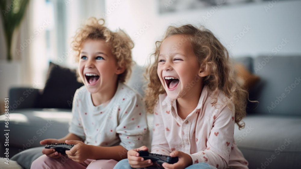  Two children with bright smiles playing video games, expressing pure joy and excitement.