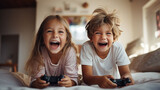 Twins play video games together on the bed, their laughter and excitement creating a lively atmosphere.