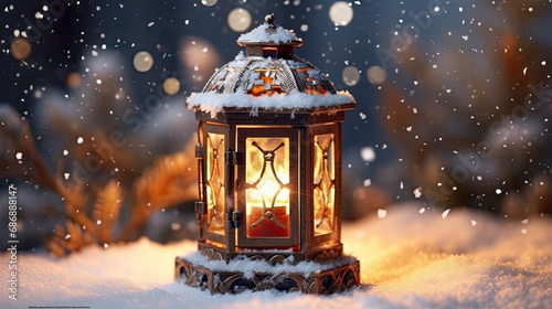 A charming holiday lantern surrounded by fresh snowfall. light backgroud
