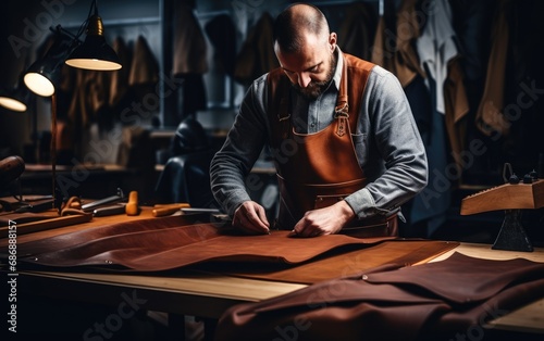 Tailor leather craftsman working with natural leather