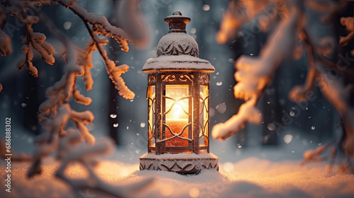 Lantern casting a soft glow on snow-covered fir branches. light backgroud