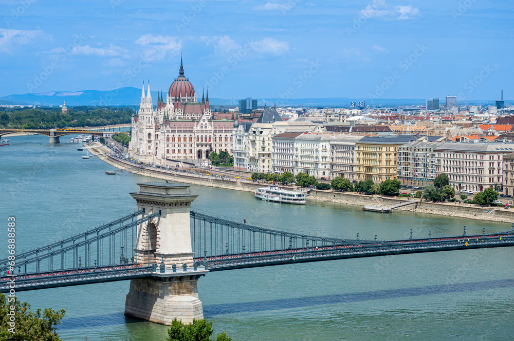 East bank of the Danube river, Hungarian parliament in Budapest, Hungary