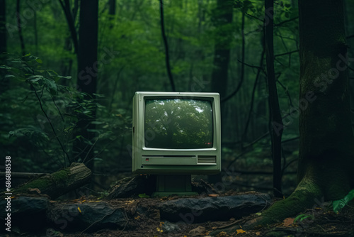 vintage computer monitor in a forest, displaying the reflection of trees on its screen, blending technology with nature.