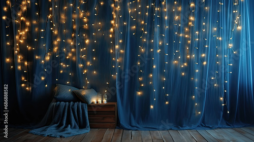 Festive vibes abound with Christmas garland lights creating a dreamy atmosphere against the dark blue backdrop.
