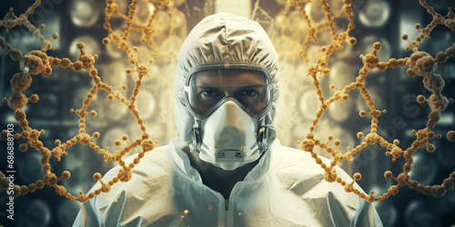 Scientist doctor in biohazard protective suit and mask in laboratory with, flu, fever, covid virus, cancer cells, molecules. Broken DNA. Biohazard, health research, oncology, cure concept background. 