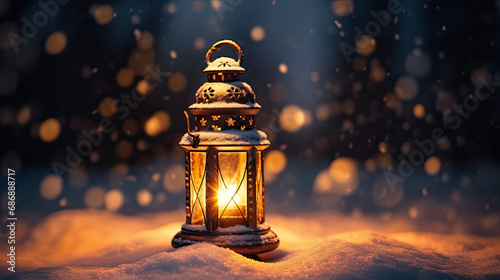 Christmas lantern creating a cozy ambiance in the snow. light backgroud photo