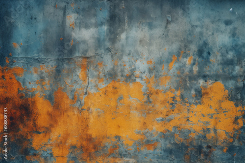 Abstract decaying orange and blue painted wall texture with grunge aesthetic and prominent weathering effects.