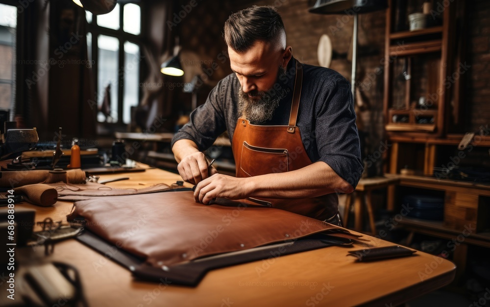 Tailor leather craftsman working with natural leather