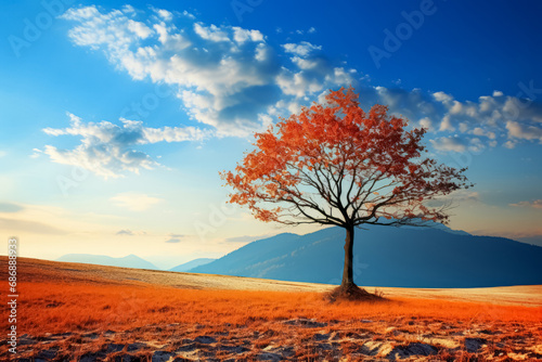 Solitary tree with fiery red leaves stands against a serene blue sky with fluffy clouds over an autumnal golden field.