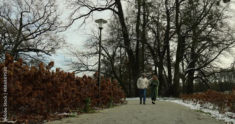 Video of a girl and a guy walking in the park during winter.