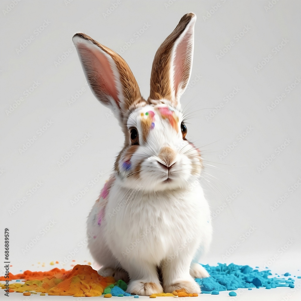 White Rabbit with falling colors on a white background
