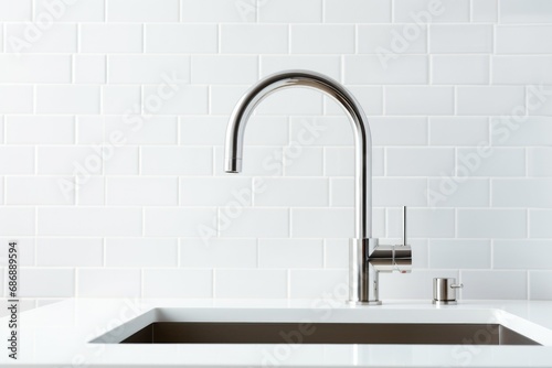 Faucet and sink in bathroom, closeup white tiles. Lack of water, shutdown. water supply. Stylish kitchen renovation. Order. Sink
