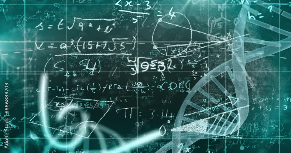 Animation of dna helix with mathematical equation and diagrams over abstract background