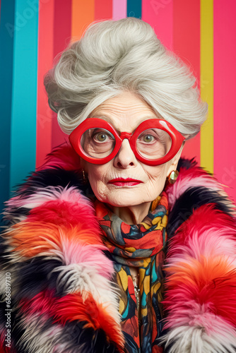 A vivid portrait of an older woman with silver hair and oversized red glasses, exuding confidence against a colorful striped background.