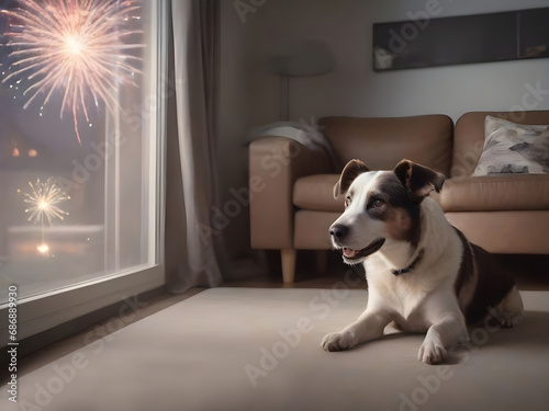 Dog scared of the fireworks. Pets alone during holidays