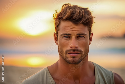 Handsome man with intense gaze, tousled hair, and stubble, set against a sunset beach backdrop, exuding a rugged yet serene vibe.