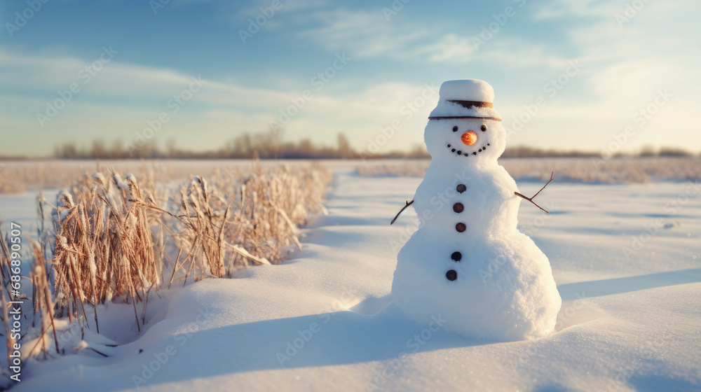 Obraz premium A cheerful snowman standing in a snowy field under a clear blue sky. light backgroud