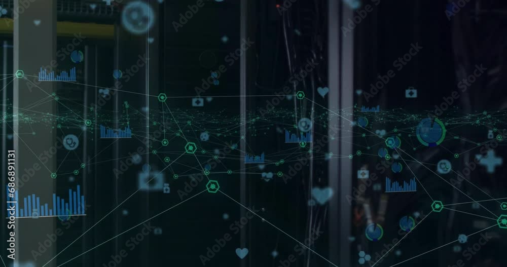 Animation of network of connections with icons over computer servers Animation of network of connections with icons over computer servers