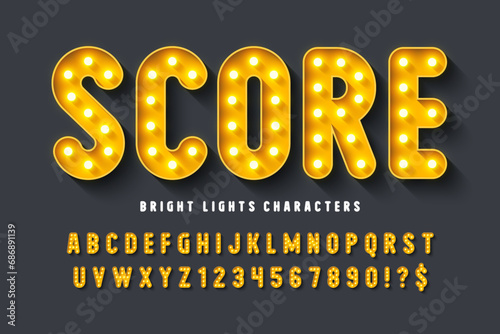 111Retro cinema alphabet design, cabaret, warm lamps letters and numbers.