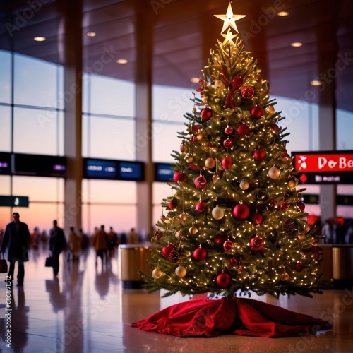 Christmas tree in airport  showing vacation air travel during holiday season