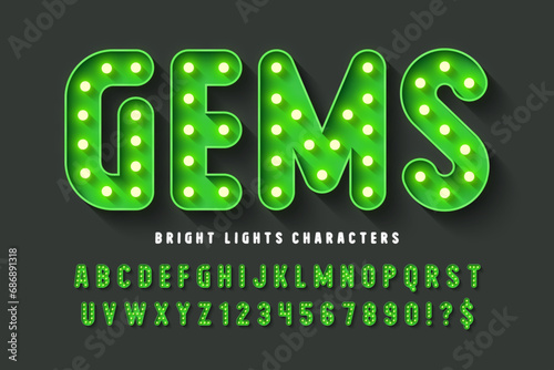 111Retro cinema alphabet design, cabaret, warm lamps letters and numbers.