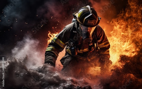 A firefighter in full gear tackling a fire emergency