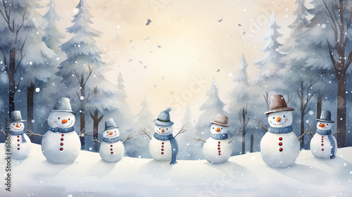 Fond pour conception et création graphique pour Noël. Illustration de petits bonhomme de neige. Ambiance hivernale, festive, colorée. Paysage enneigé, neige, sapin et flocons. 