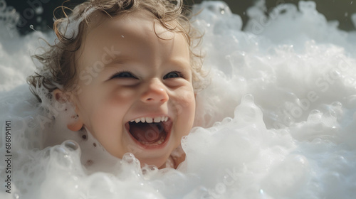 Young toddler happily enjoying his first bath with bubbles childhood joy