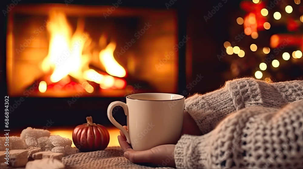 Warming up on a winter night: Woman enjoys a hot drink by the Christmas fireplace with her feet in woollen socks.